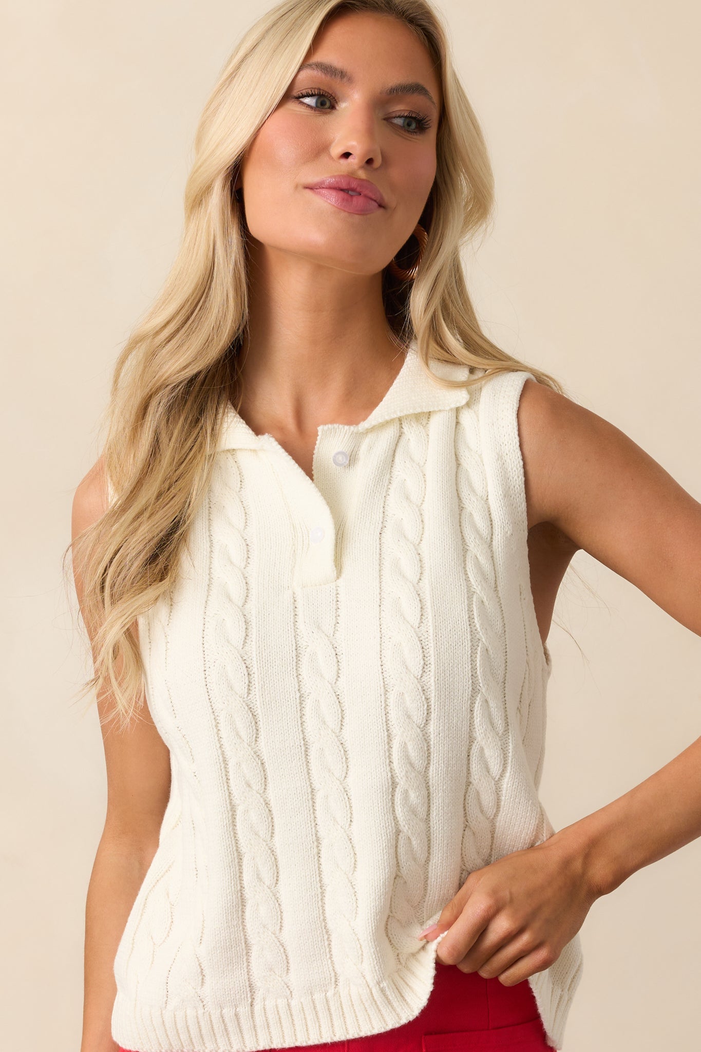 In No Particular Order Ivory Cotton Cable Knit Sweater Vest