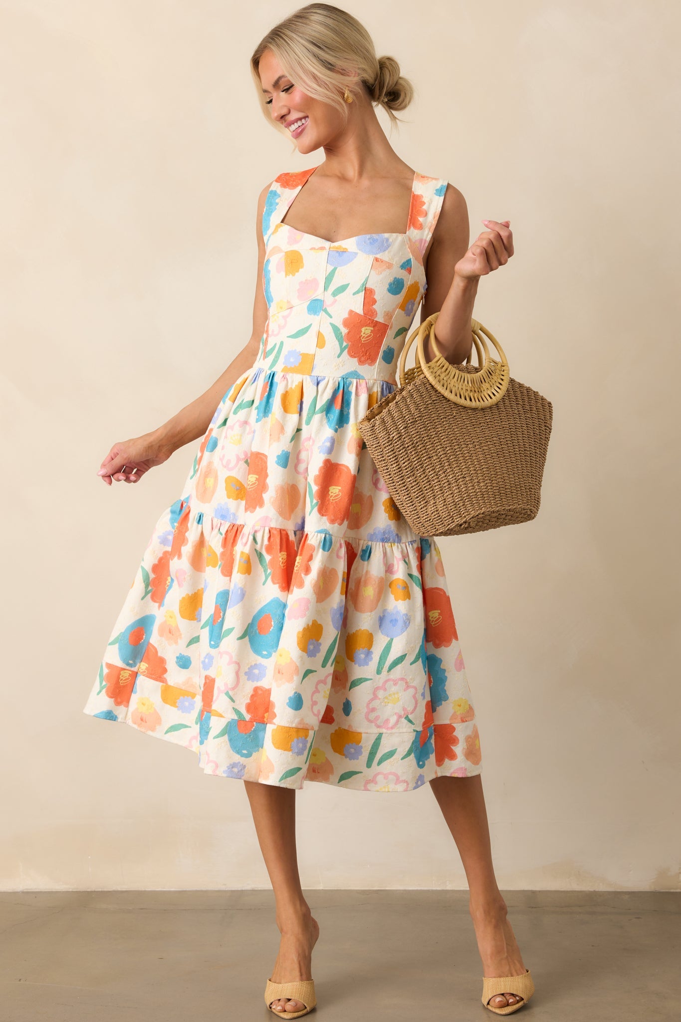 A Familiar Feeling Orange Floral Print Cotton Denim Midi Dress