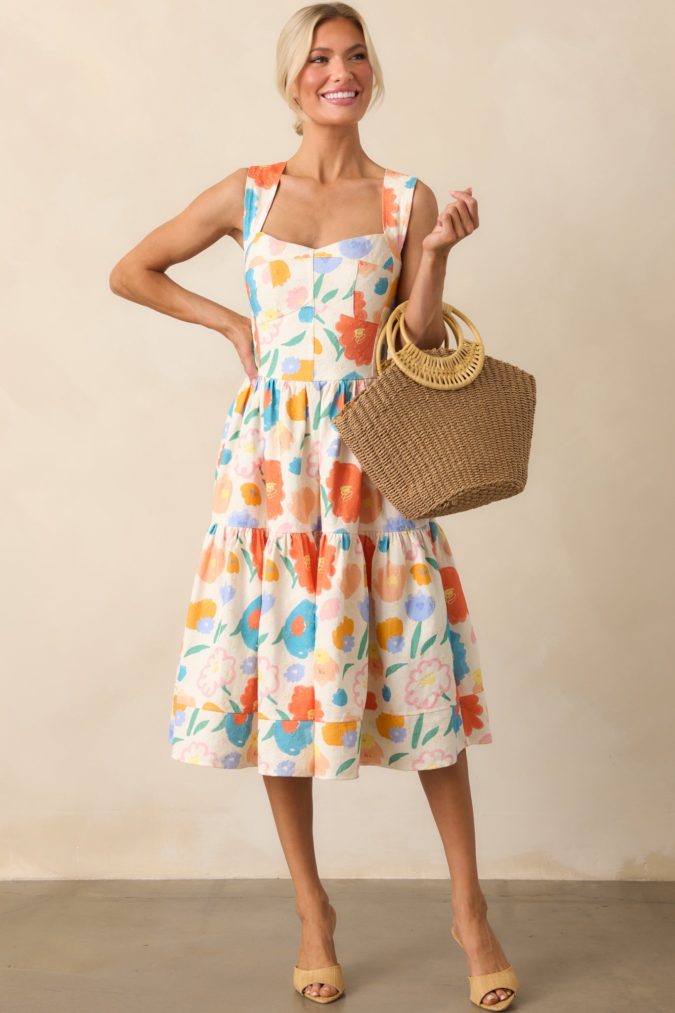 A Familiar Feeling Orange Floral Print Cotton Denim Midi Dress