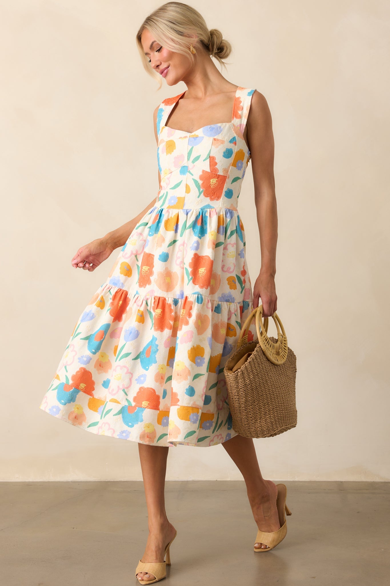 A Familiar Feeling Orange Floral Print Cotton Denim Midi Dress