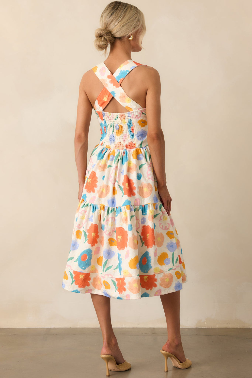 A Familiar Feeling Orange Floral Print Cotton Denim Midi Dress