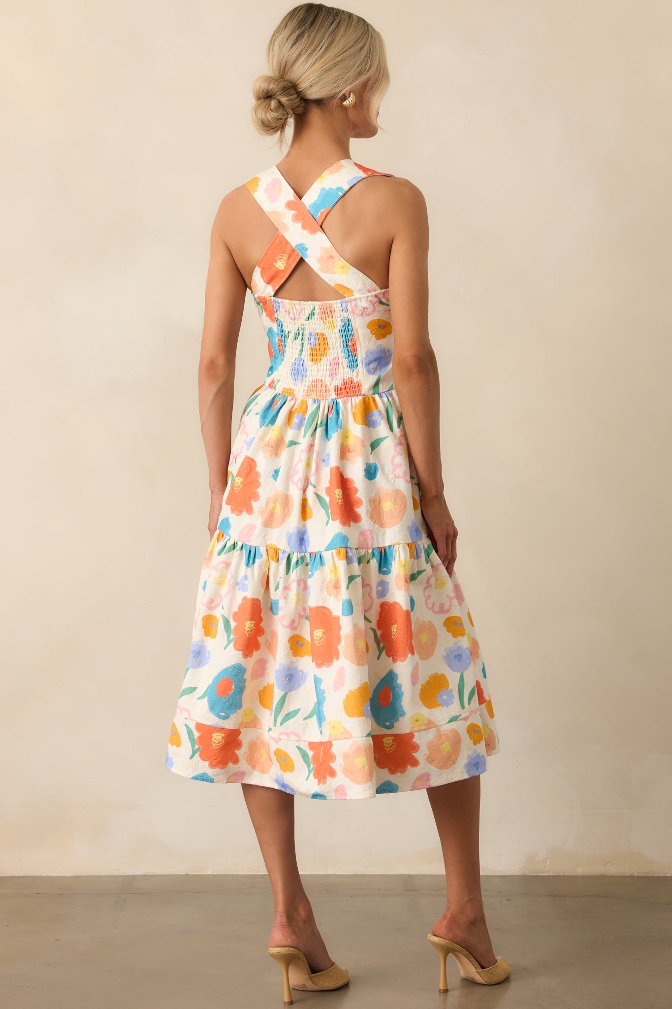 A Familiar Feeling Orange Floral Print Cotton Denim Midi Dress