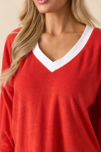 Z Supply Red Cotton Marx V-Neck Terry Sweatshirt
