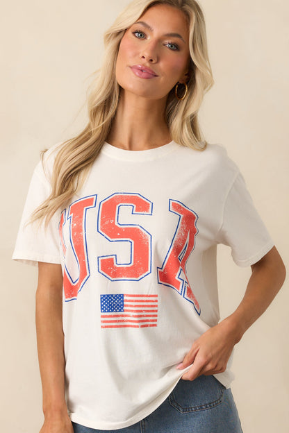 Z Supply Ivory Cotton USA Flag Boyfriend Tee