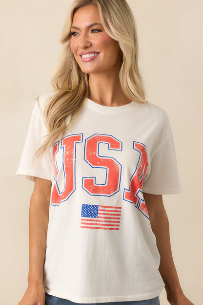 Z Supply Ivory Cotton USA Flag Boyfriend Tee