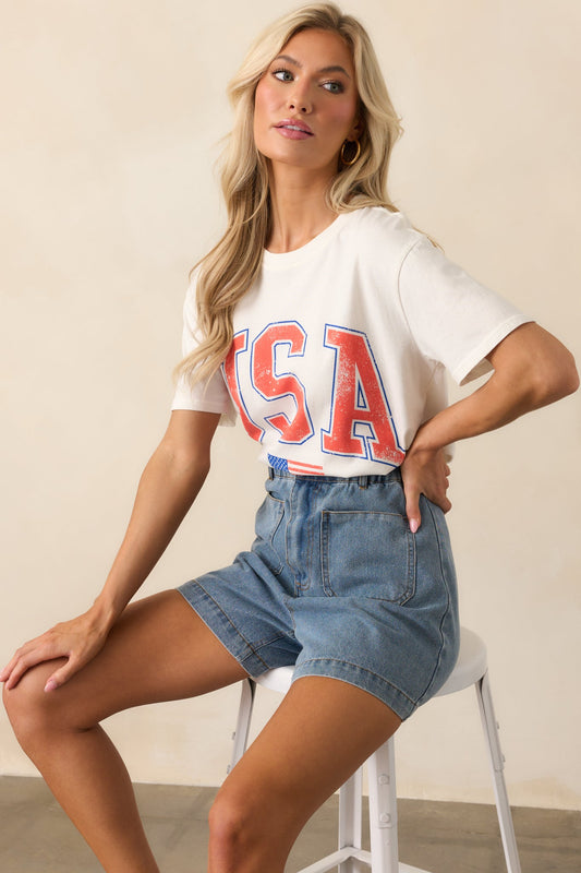 Z Supply Ivory Cotton USA Flag Boyfriend Tee