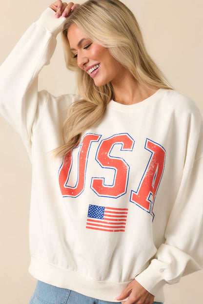 Z Supply Ivory Cotton USA Flag Sunday Sweatshirt
