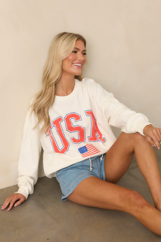Z Supply Ivory Cotton USA Flag Sunday Sweatshirt
