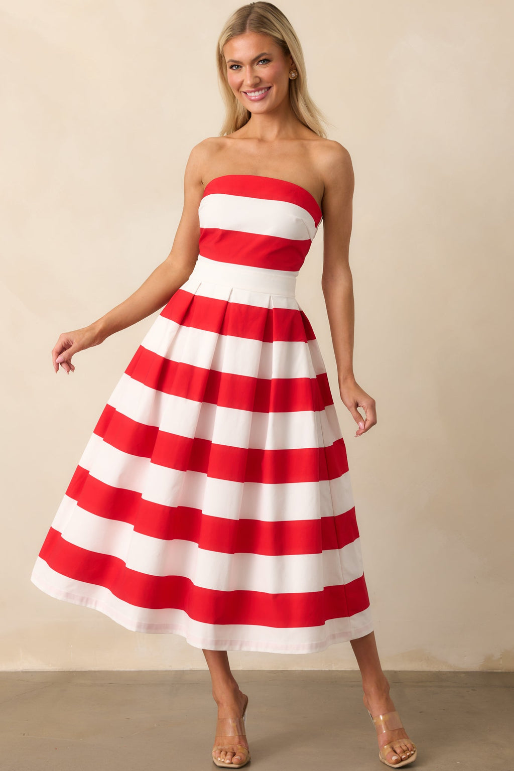 Crisp Contrast Red Stripe Strapless Midi Dress