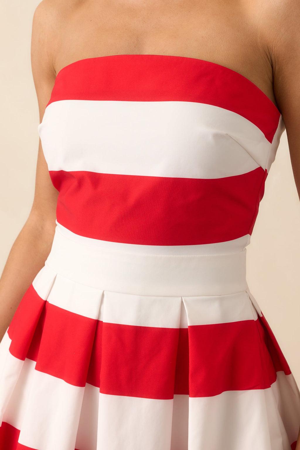 Crisp Contrast Red Stripe Strapless Midi Dress
