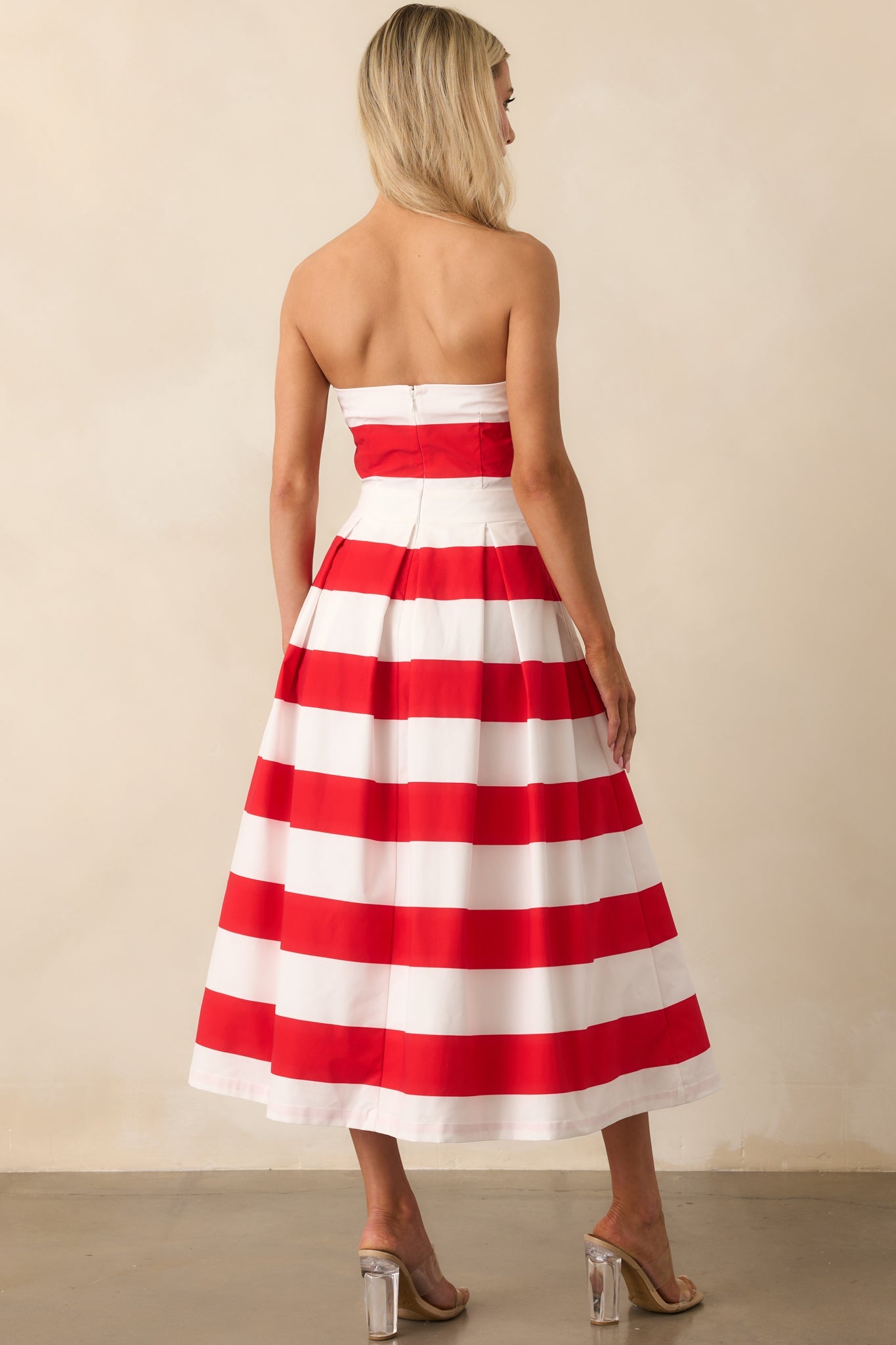 Crisp Contrast Red Stripe Strapless Midi Dress