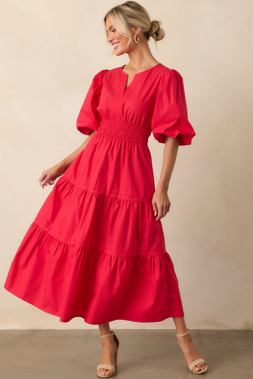Afternoons At The Gallery Red Cotton Puff Sleeve Maxi Dress