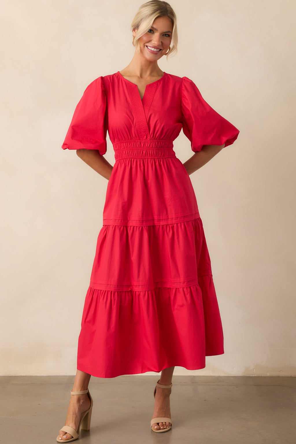Afternoons At The Gallery Red Cotton Puff Sleeve Maxi Dress