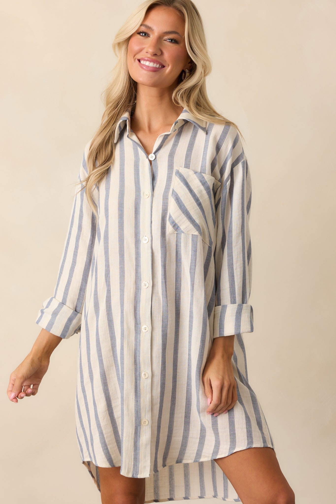 Better Than Expected Blue Stripe Cotton Mini Shirt Dress