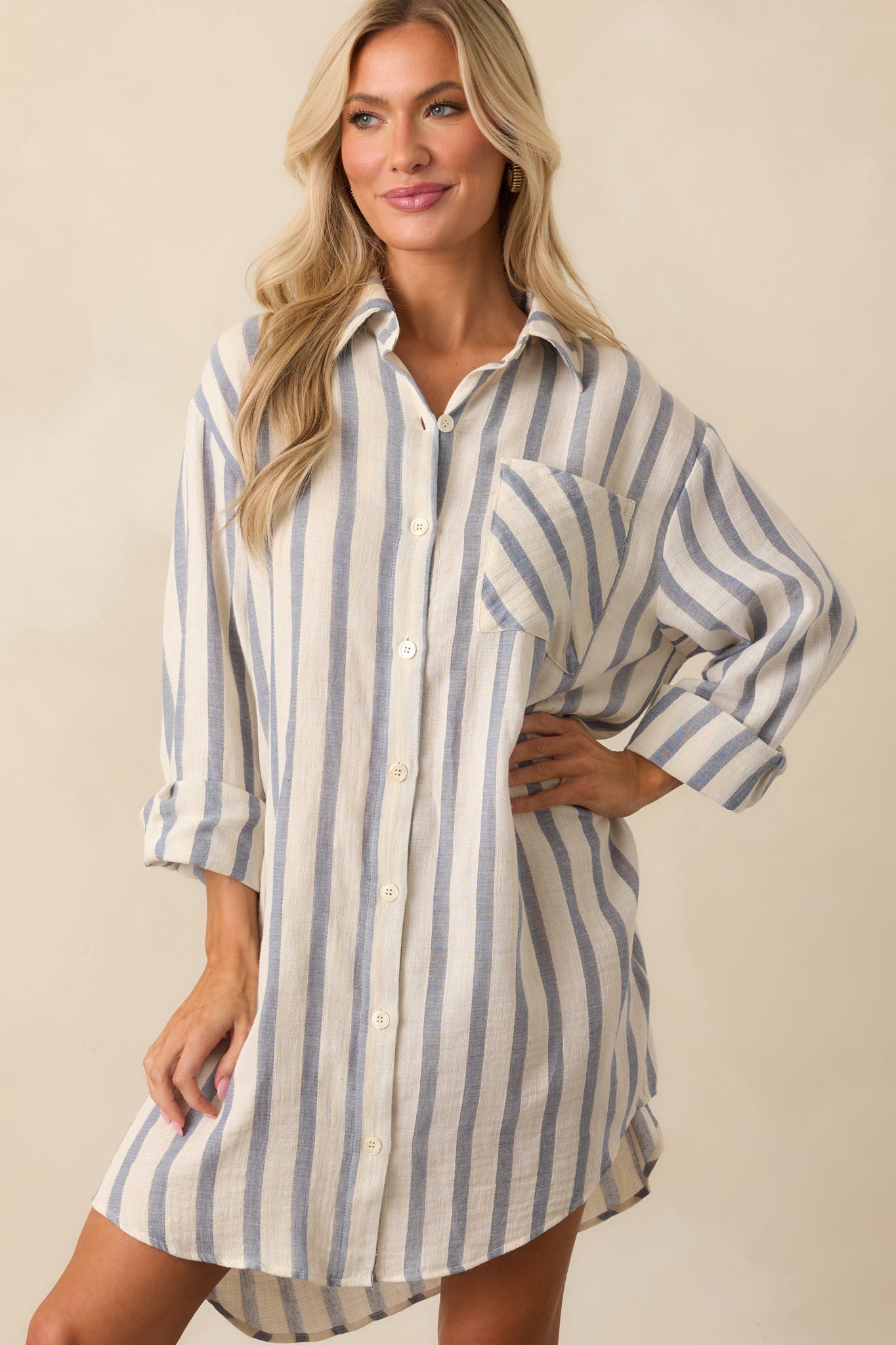Better Than Expected Blue Stripe Cotton Mini Shirt Dress
