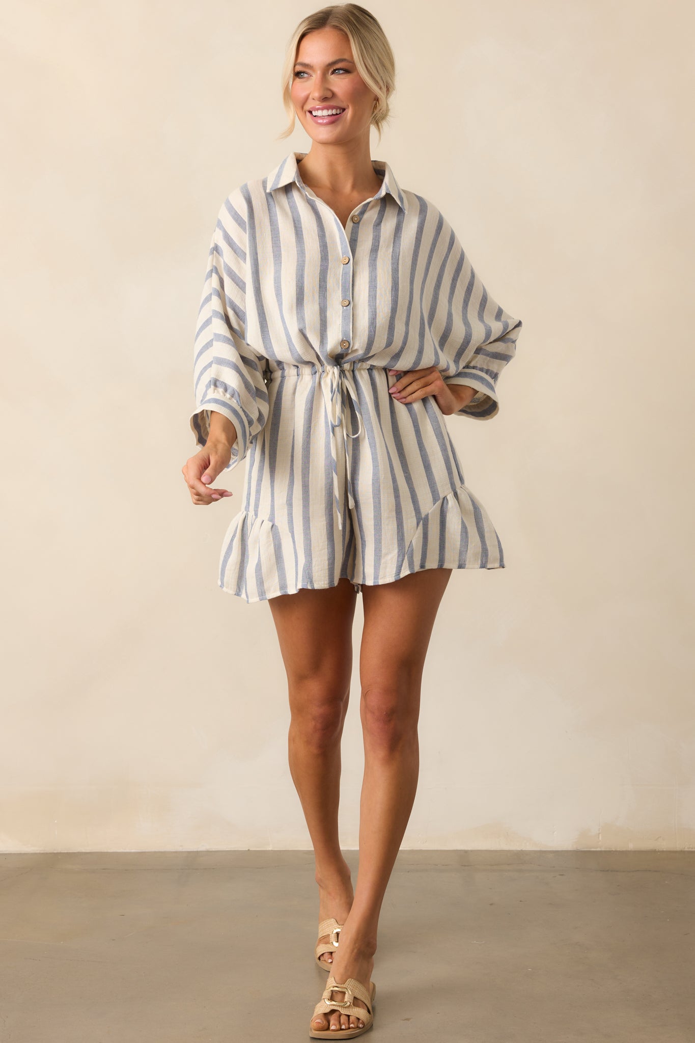 A Good Place To Start Blue Stripe Cotton Drawstring Romper