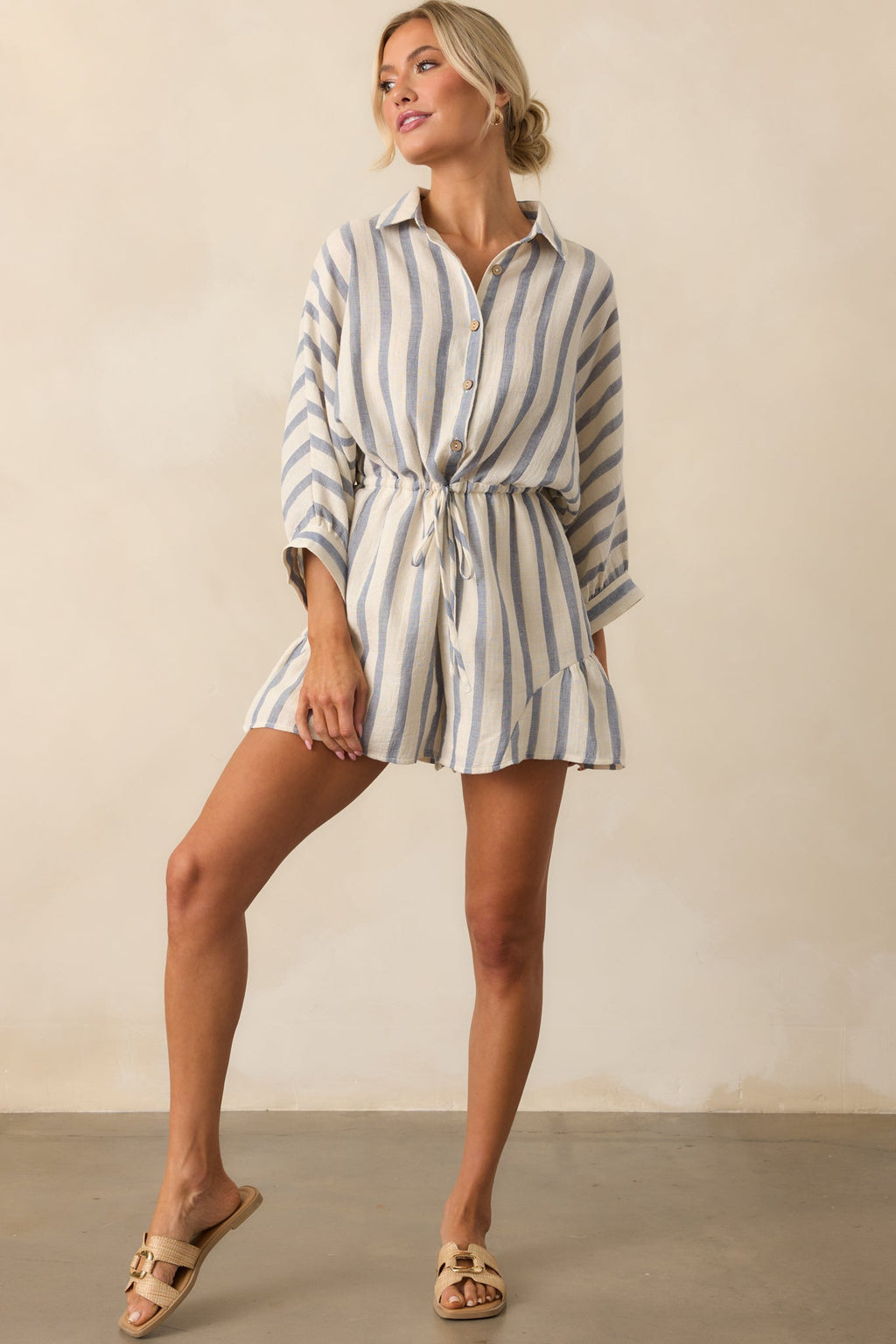 A Good Place To Start Blue Stripe Cotton Drawstring Romper