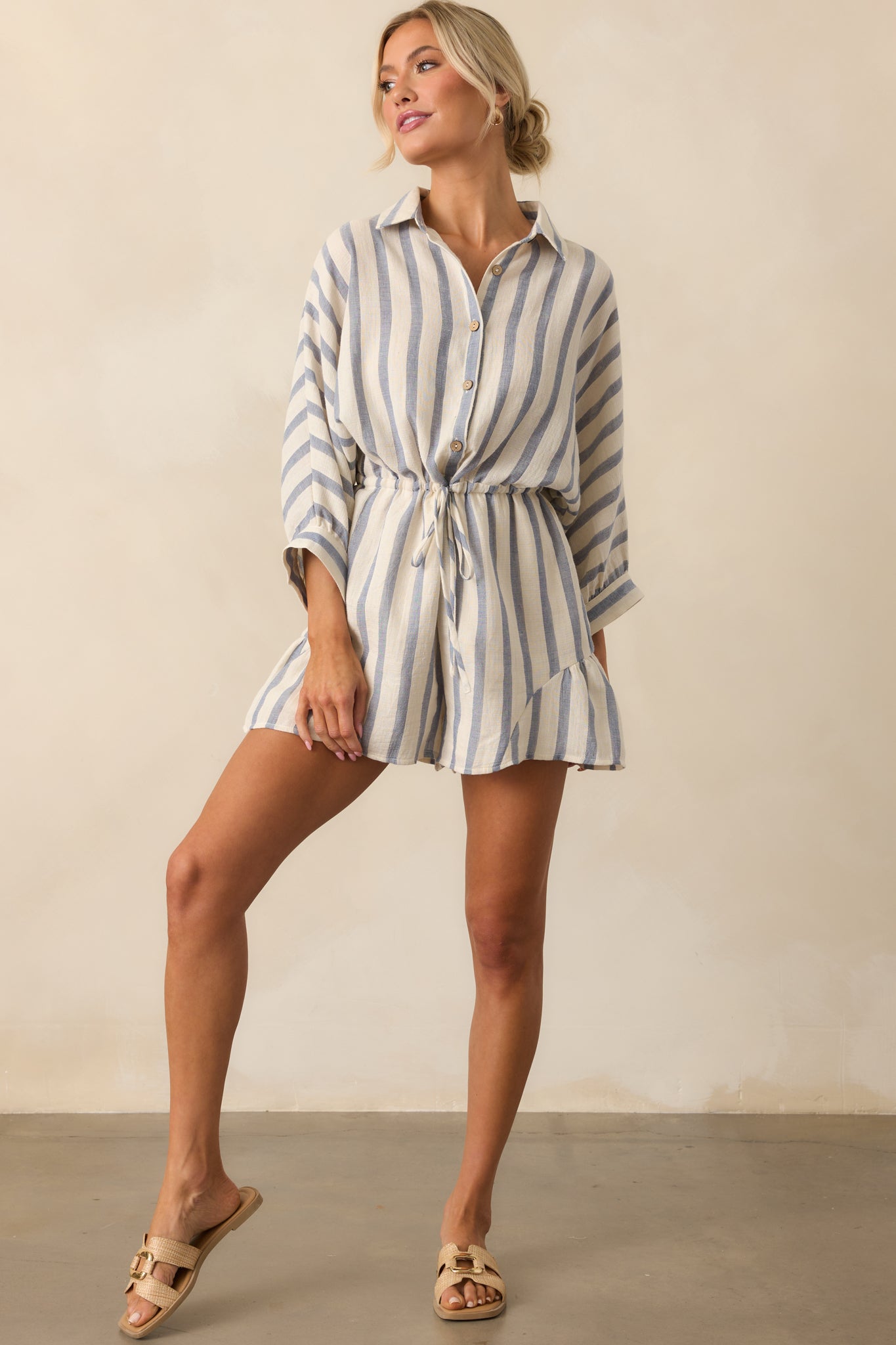 A Good Place To Start Blue Stripe Cotton Drawstring Romper