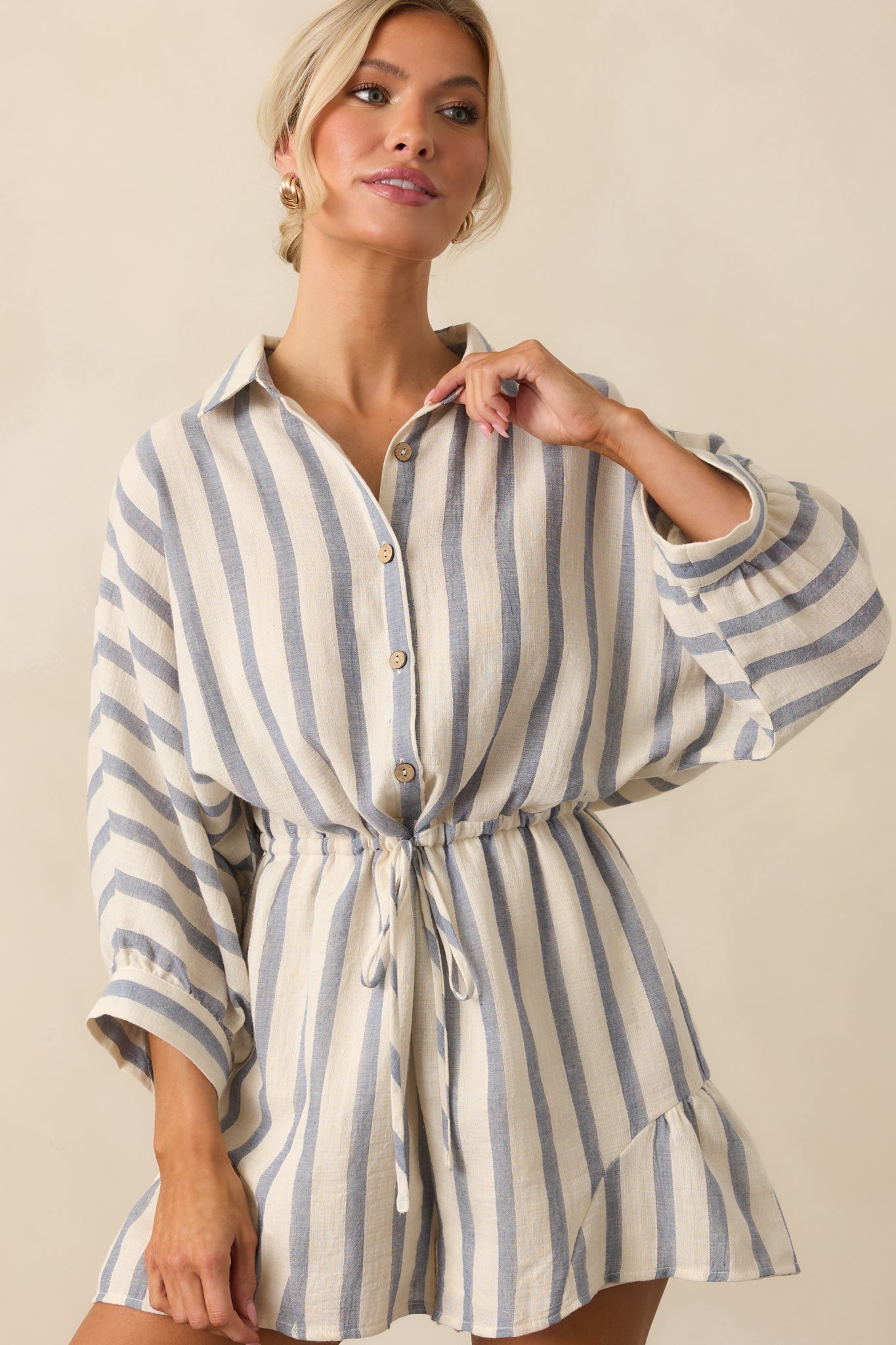 A Good Place To Start Blue Stripe Cotton Drawstring Romper