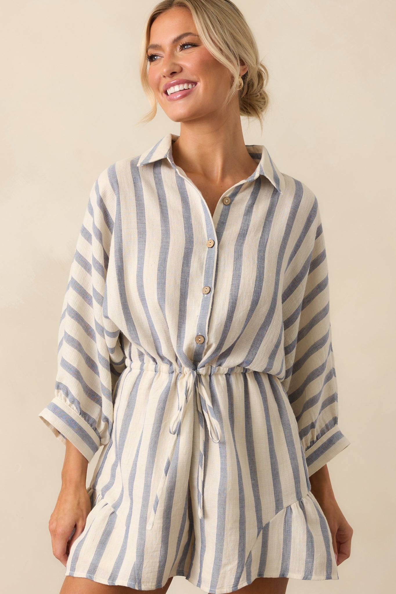 A Good Place To Start Blue Stripe Cotton Drawstring Romper