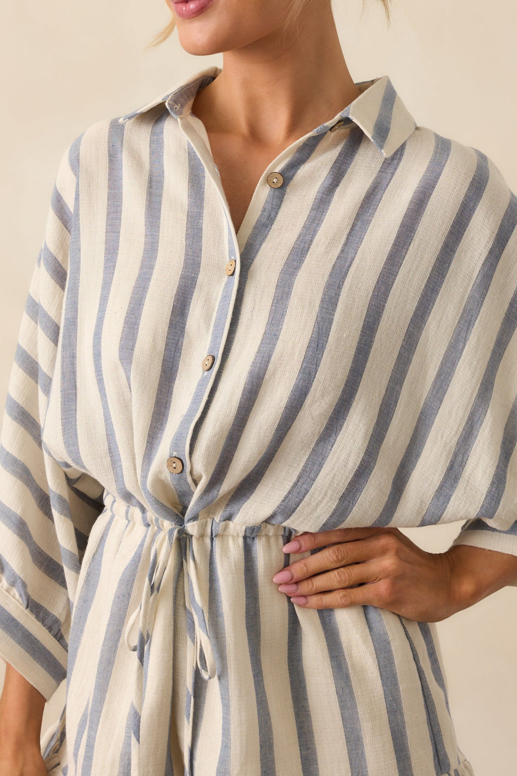 A Good Place To Start Blue Stripe Cotton Drawstring Romper