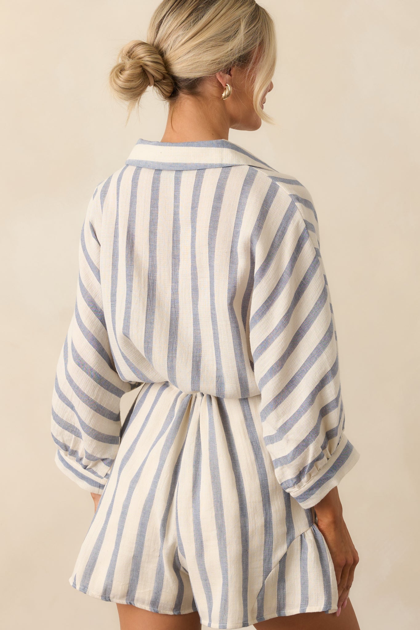 A Good Place To Start Blue Stripe Cotton Drawstring Romper