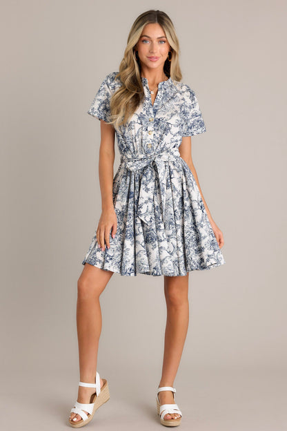 Coastal Vista 100% Cotton Navy Toile Mini Dress