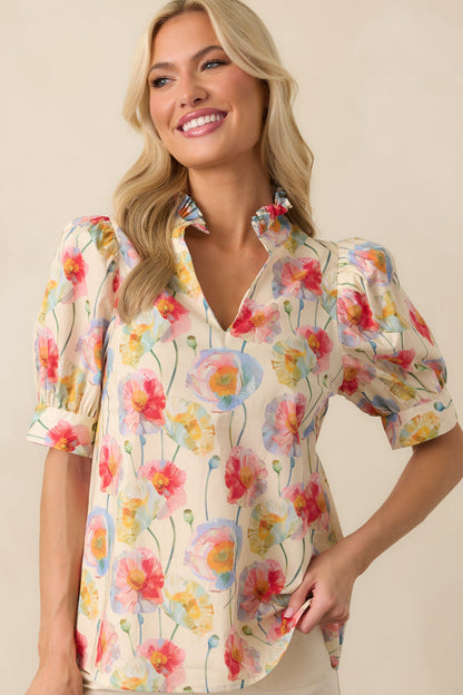 Create Memories Ecru Beige Floral Print Cotton Short Sleeve Top