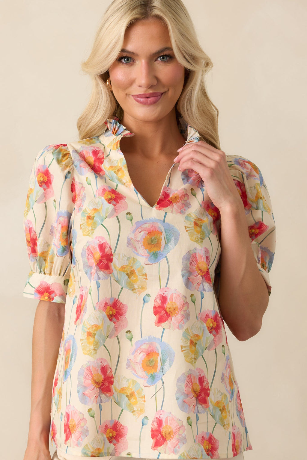 Create Memories Ecru Beige Floral Print Cotton Short Sleeve Top