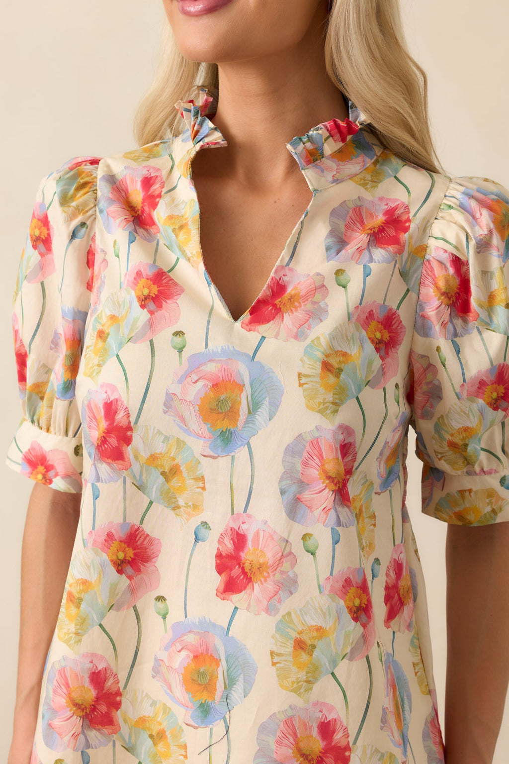 Create Memories Ecru Beige Floral Print Cotton Short Sleeve Top