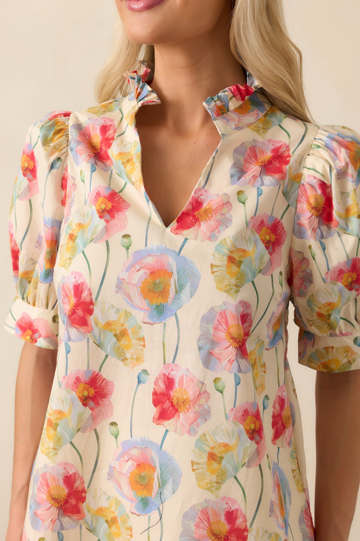 Create Memories Ecru Beige Floral Print Cotton Short Sleeve Top