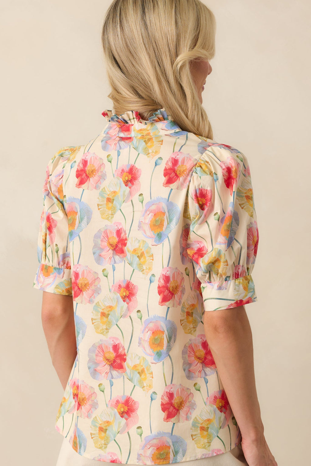 Create Memories Ecru Beige Floral Print Cotton Short Sleeve Top