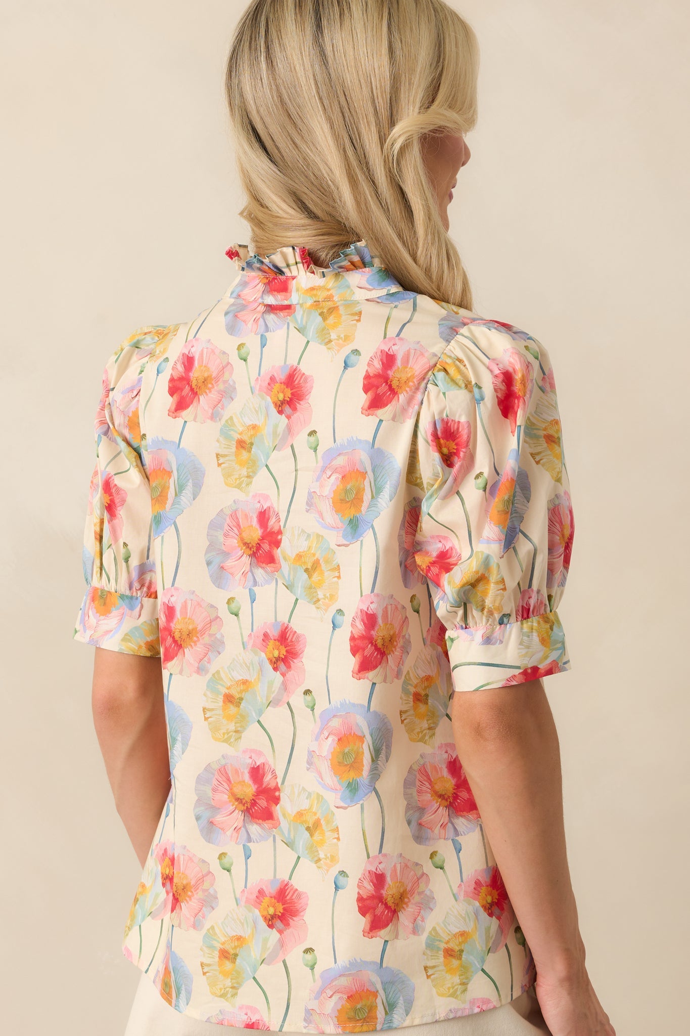 Create Memories Ecru Beige Floral Print Cotton Short Sleeve Top