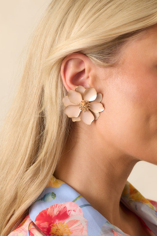 Going With The Wind Beige Flower Statement Earrings