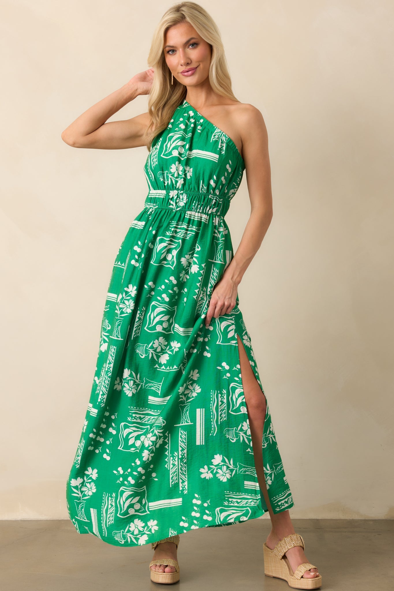 Anything Goes Green One Shoulder Geometric Floral Print Maxi Dress