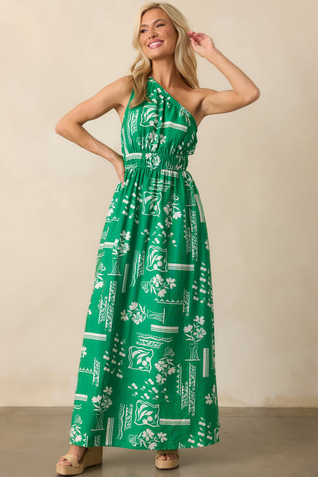Anything Goes Green One Shoulder Geometric Floral Print Maxi Dress