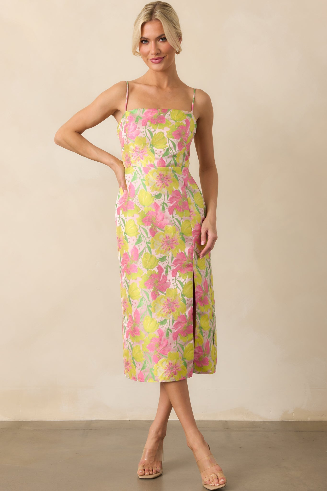 All Of Your Greatness Light Pink Floral Print Jacquard Midi Dress