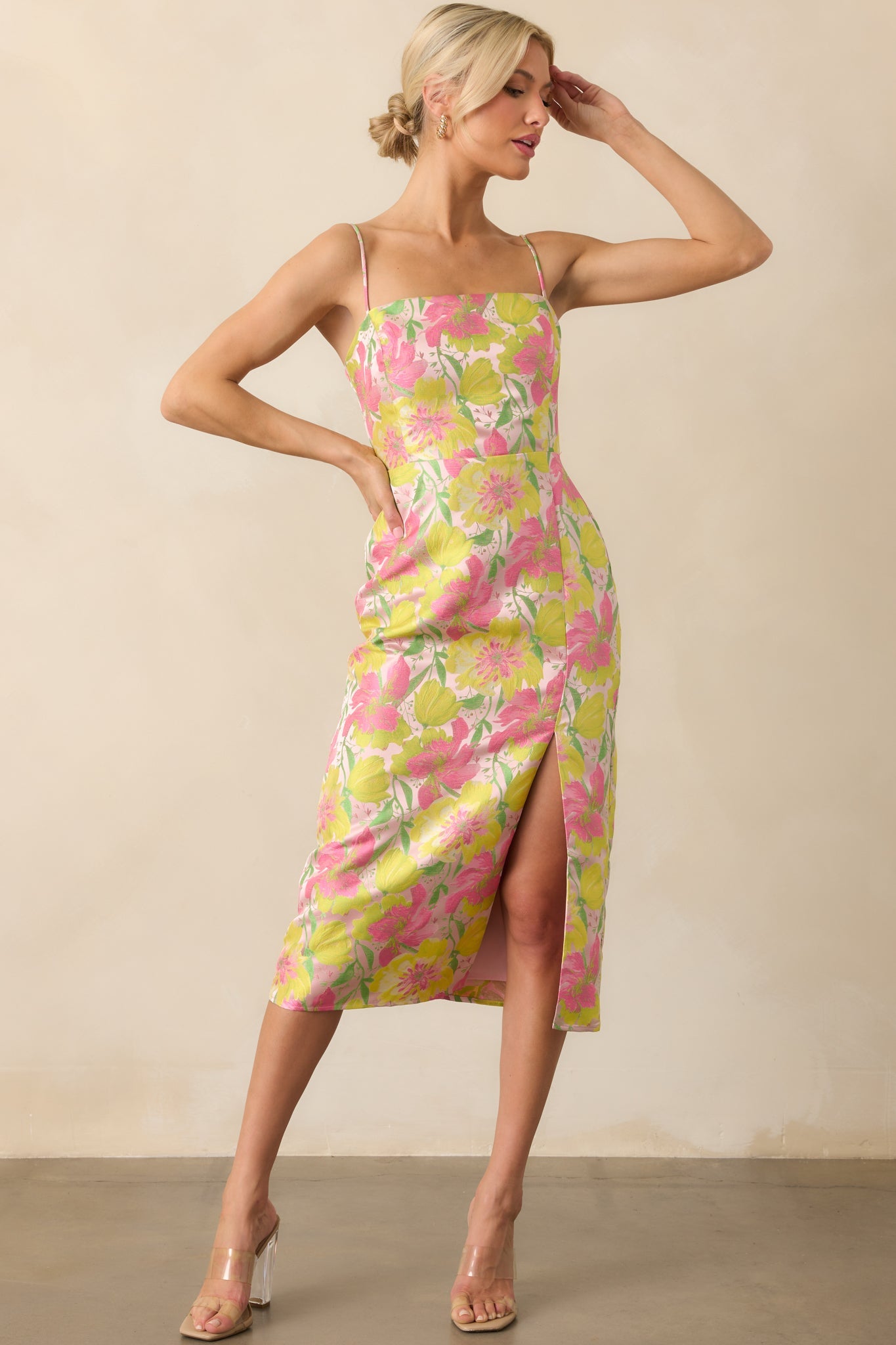All Of Your Greatness Light Pink Floral Print Jacquard Midi Dress