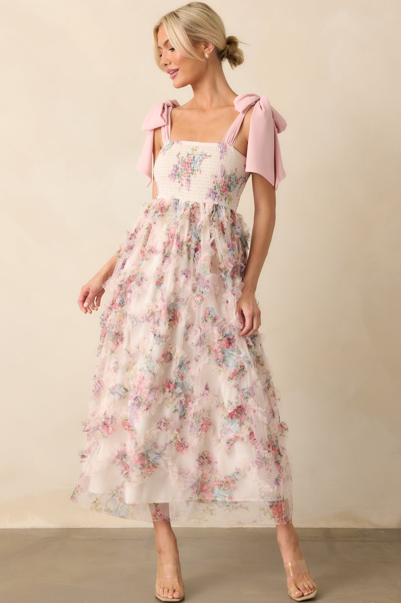 As Luck Would Have It Light Pink Floral Print Ruffle Maxi Dress