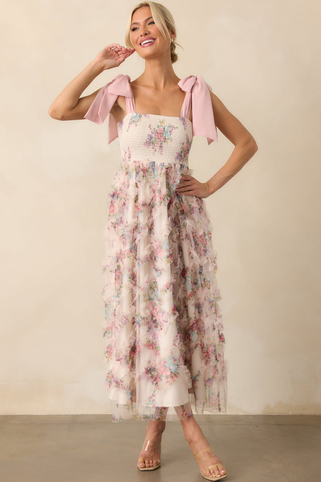 As Luck Would Have It Light Pink Floral Print Ruffle Maxi Dress