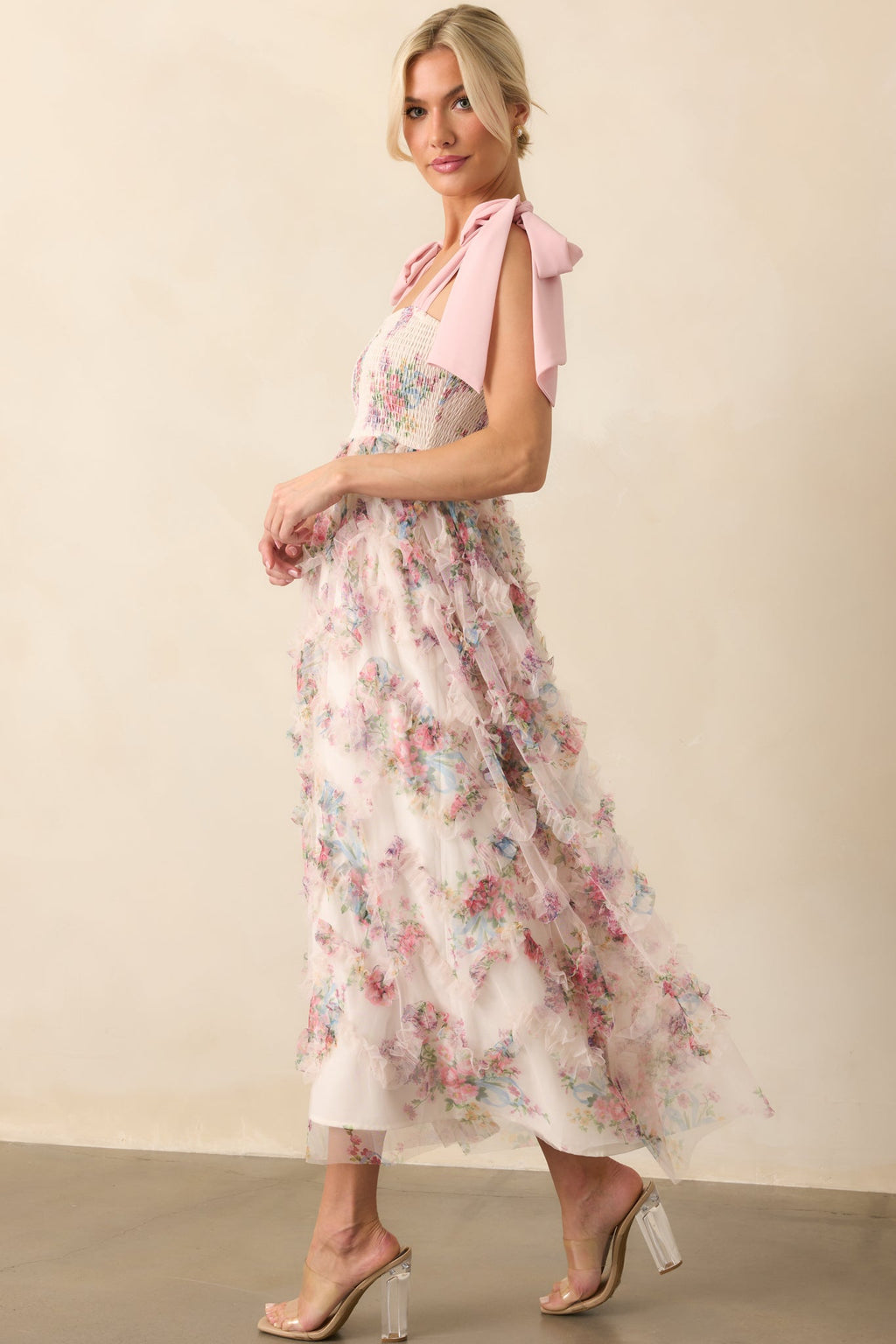 As Luck Would Have It Light Pink Floral Print Ruffle Maxi Dress