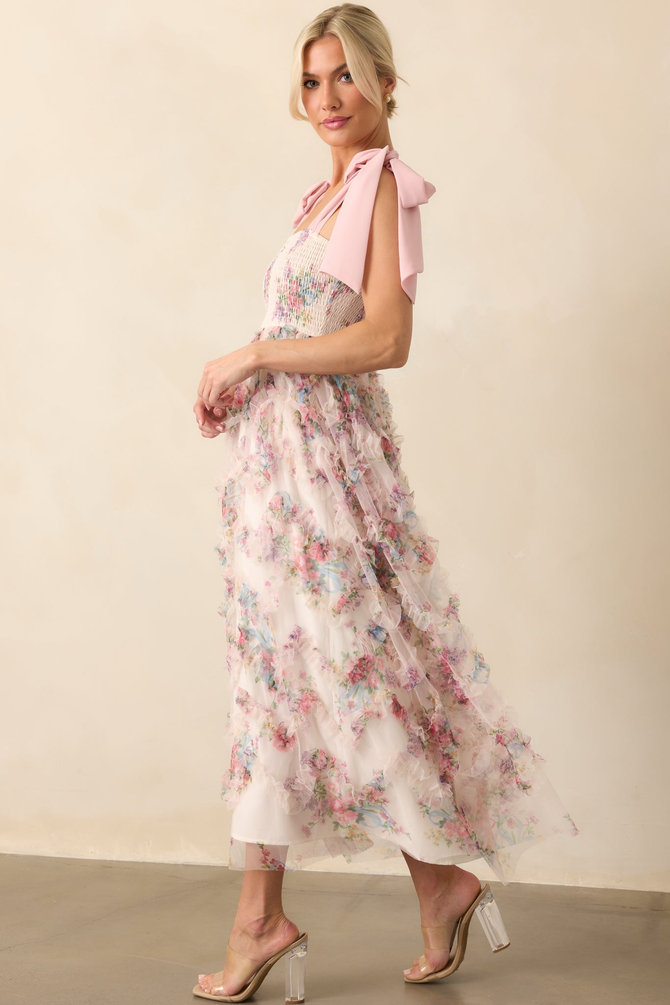 As Luck Would Have It Light Pink Floral Print Ruffle Maxi Dress