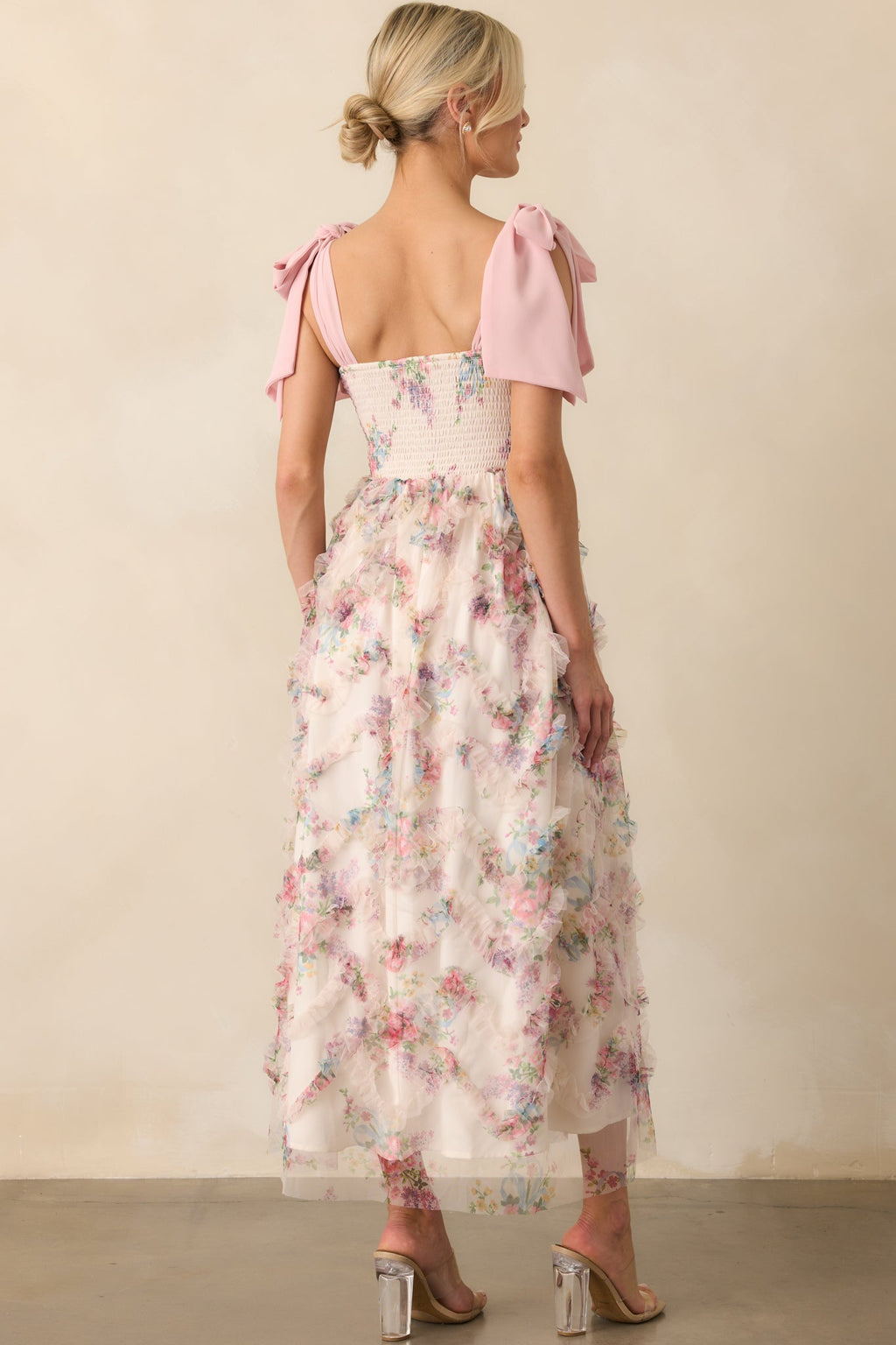 As Luck Would Have It Light Pink Floral Print Ruffle Maxi Dress