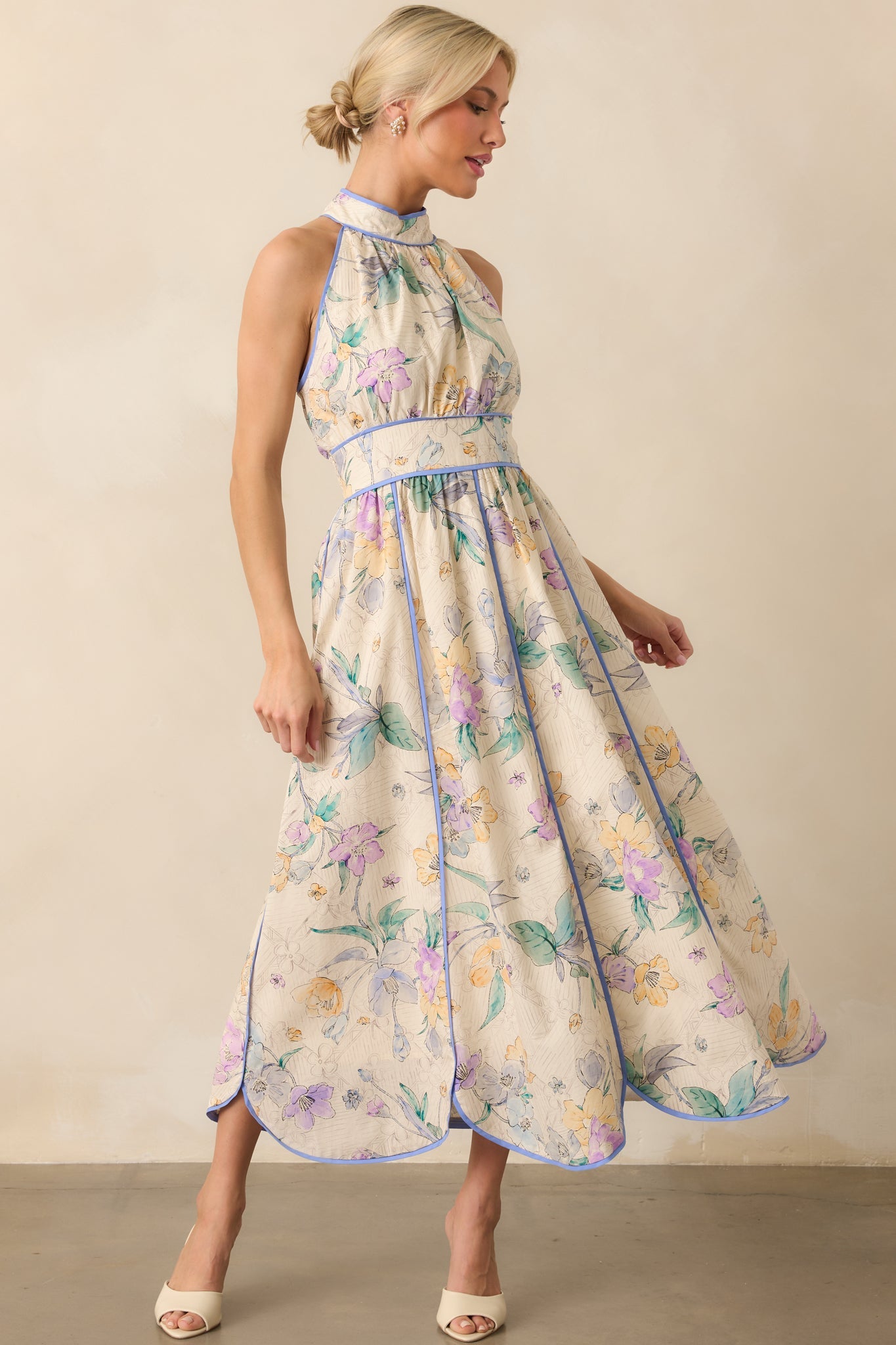 Color Outside The Lines Ivory Floral Print Cotton Halter Maxi Dress