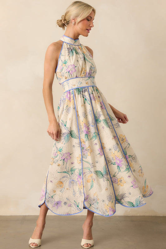 Color Outside The Lines Ivory Floral Print Cotton Halter Maxi Dress