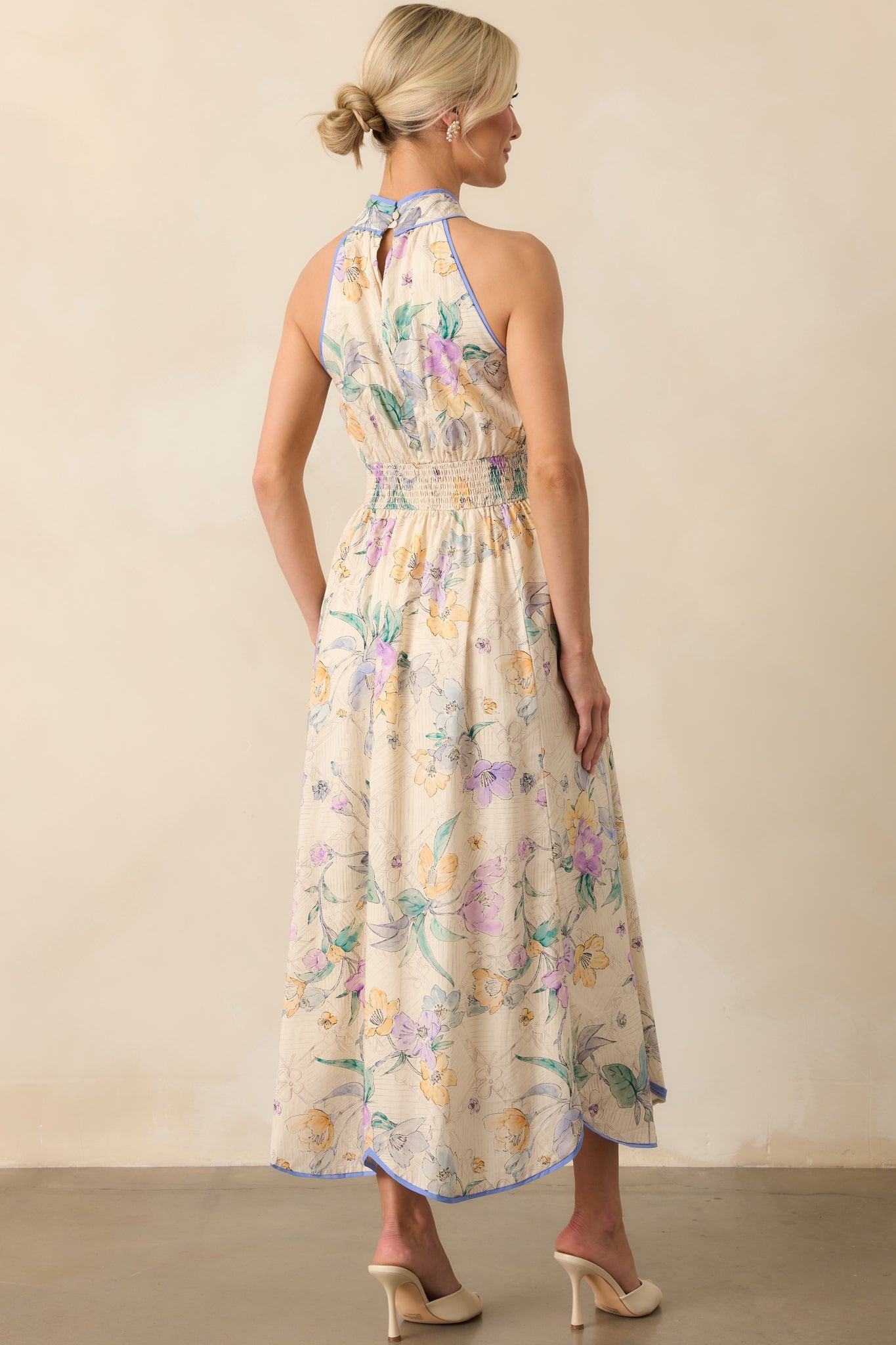 Color Outside The Lines Ivory Floral Print Cotton Halter Maxi Dress
