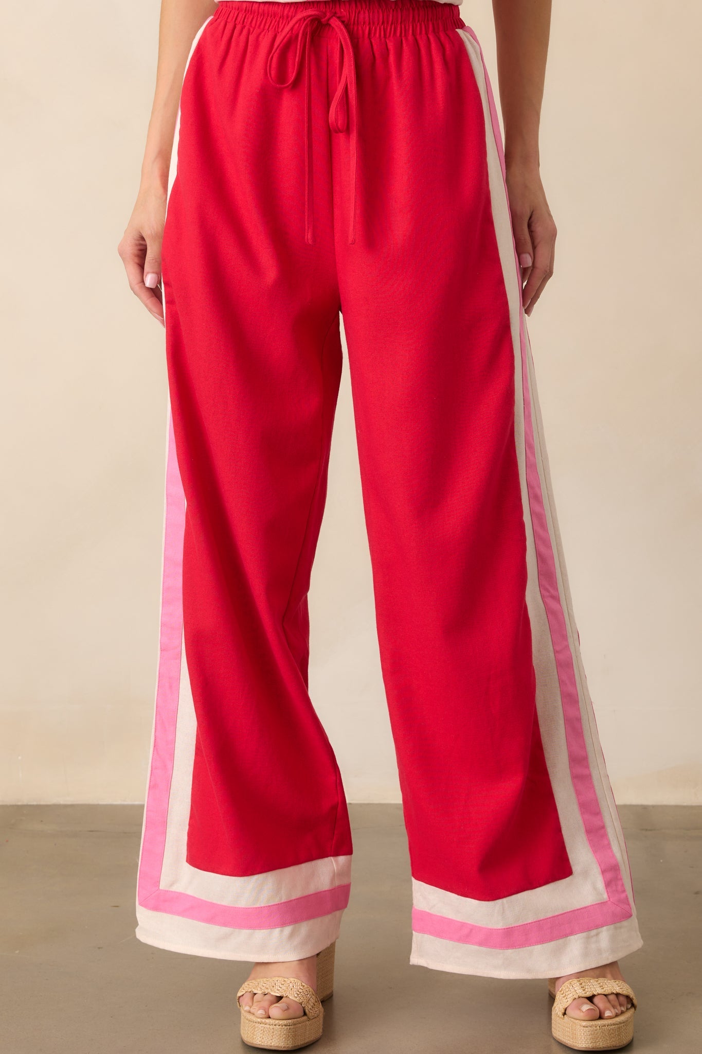She Always Knows Red Contrast Trim Linen Blend Wide Leg Pants