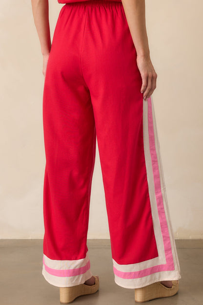 She Always Knows Red Contrast Trim Linen Blend Wide Leg Pants