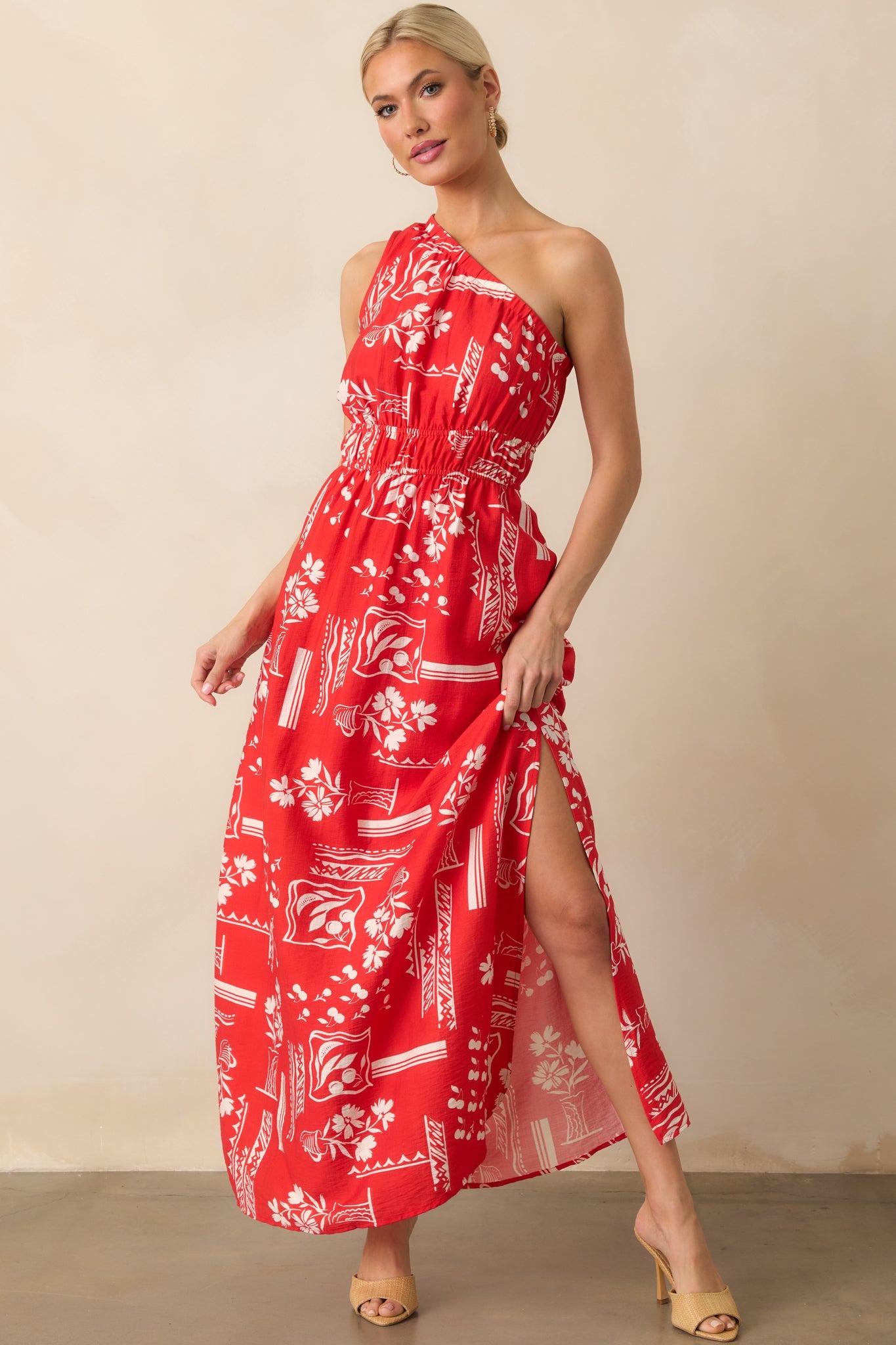 Anything Goes Red One Shoulder Geometric Floral Print Maxi Dress