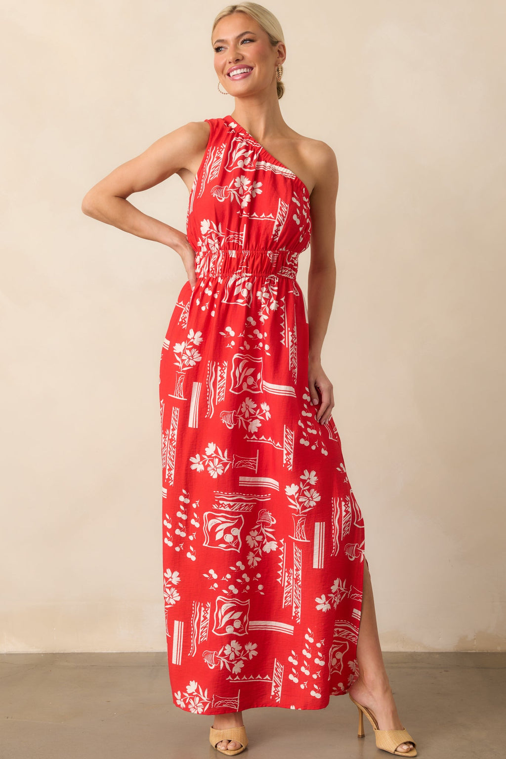 Anything Goes Red One Shoulder Geometric Floral Print Maxi Dress